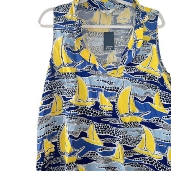 Crown & Ivy Womens Sailing Boats Top Blue Yellow Ruffle Neck Nautical XL New - Picture 2 of 3